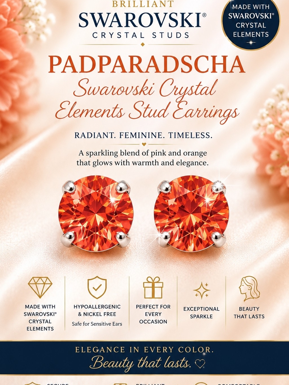Padparadscha Crystal Stud Earrings — Radiant Pink-Orange